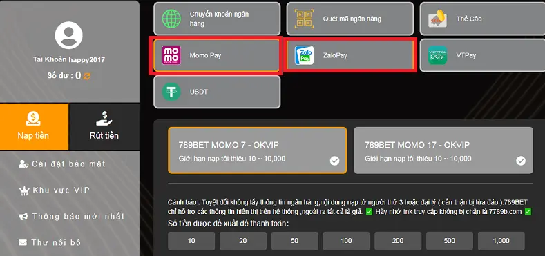 Cách gửi tiền qua ví điện tử với 789Bet 